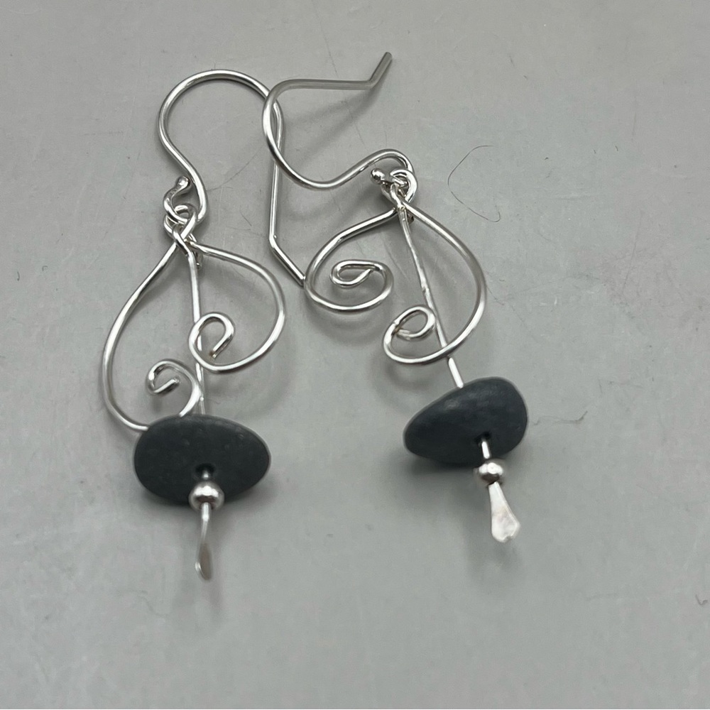 Elegant Sterling Silver and Black Beach Rock Heart Earrings